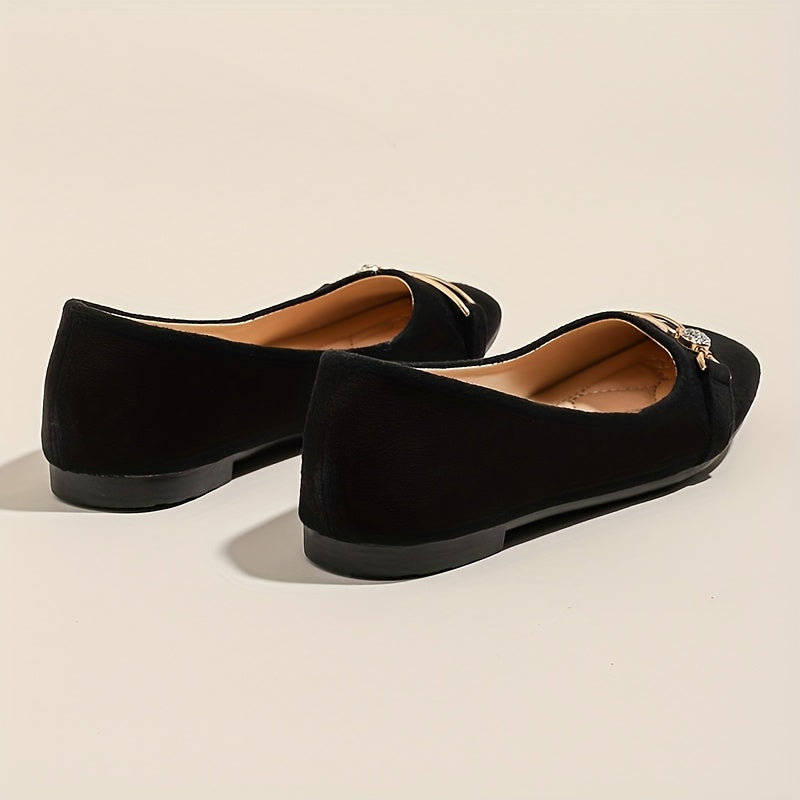Women’s Black Slip-On Flats with Metallic Buckle, Comfort Fabric, Rubber Sole