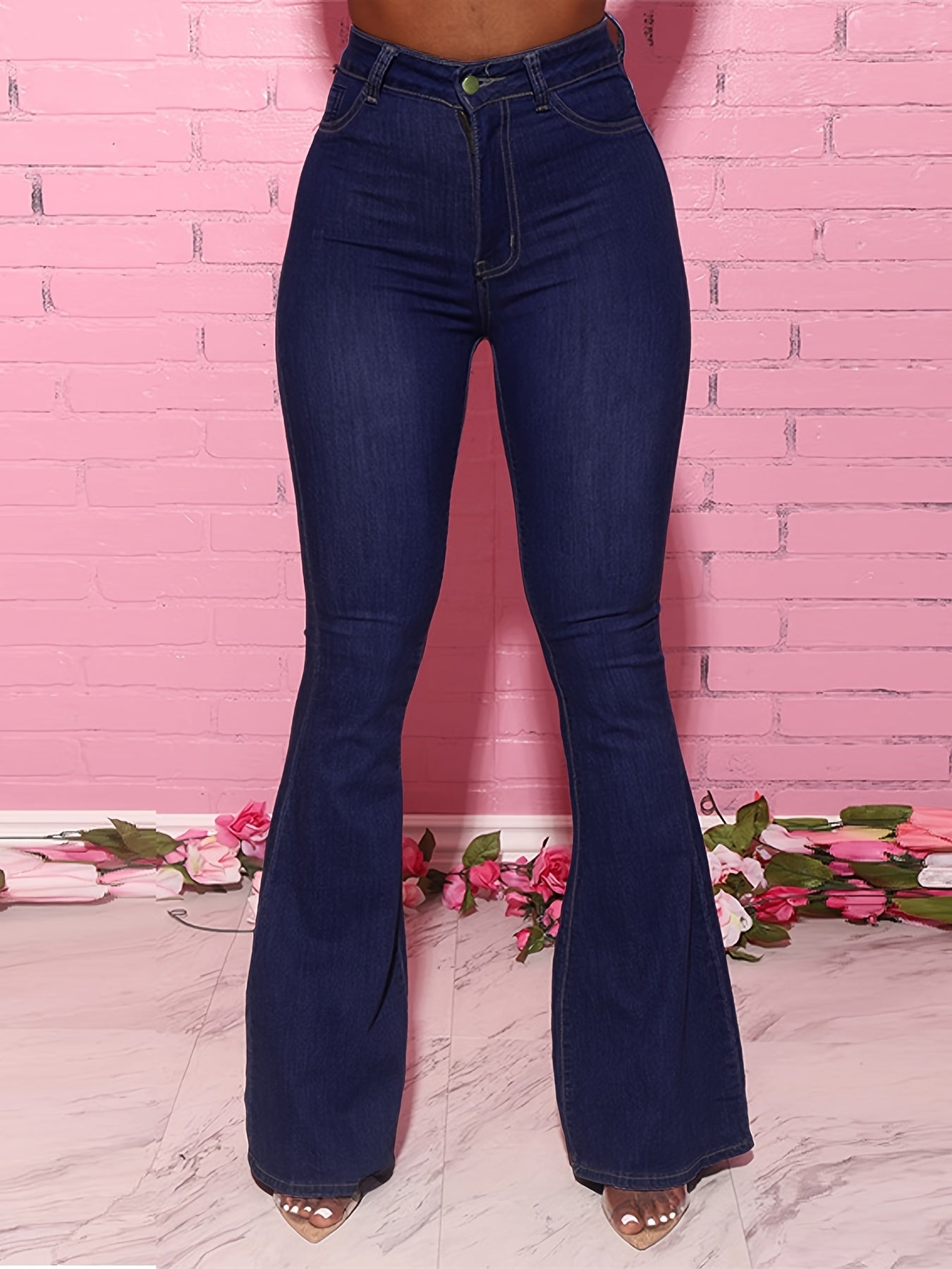 Plus Size Navy Blue Flare Jeans for Women High-Waisted Stretch Denim