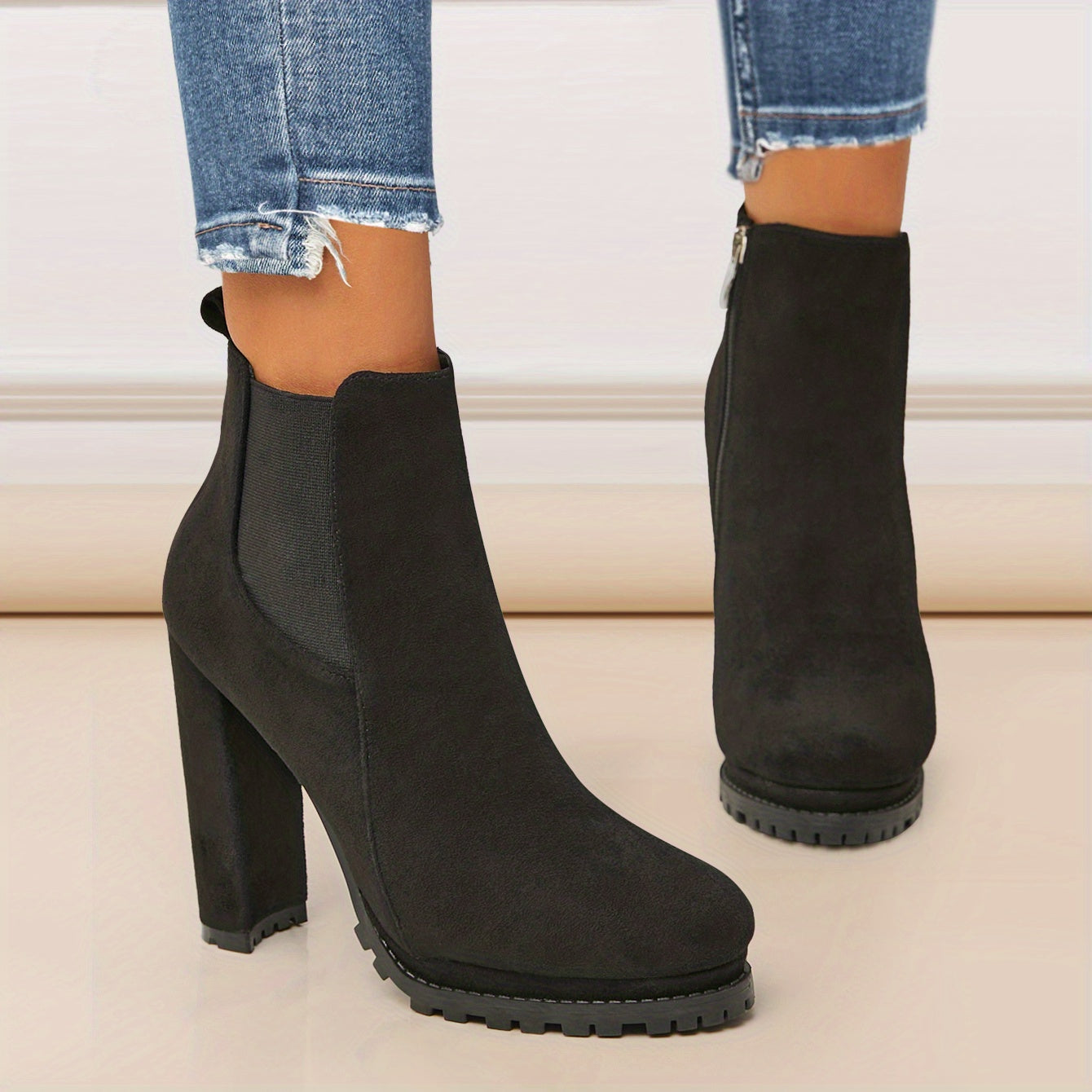 Women's Leather Pointed Toe Short Boots Side Zipper Chunky Heel