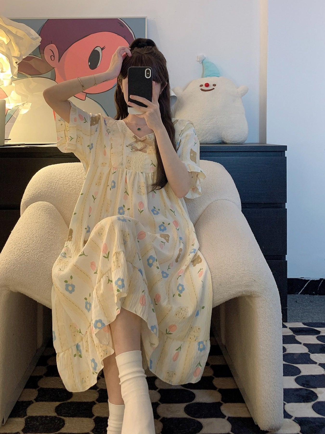 Plus Size Slit-Fit Nightgown with V-Neck Cotton Pajama with Bear Print