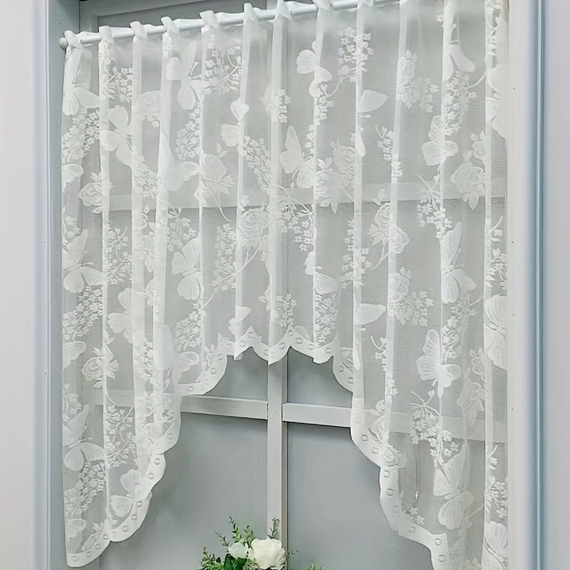 White Lace Butterfly Floral Curtain UV Protection Rod Pocket for Kitchen Living Room