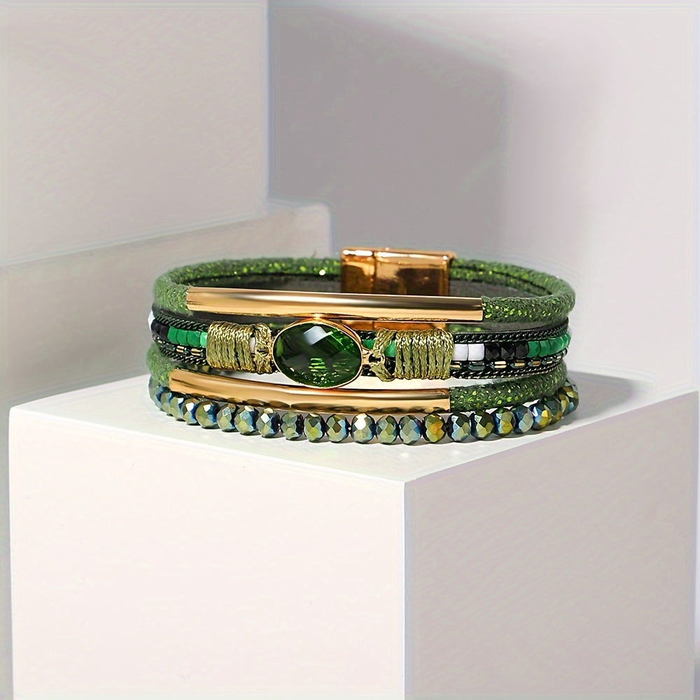 Multilayer Faux Leather Wrap Bracelet with Green Crystal Beads and Gold Accents for Women