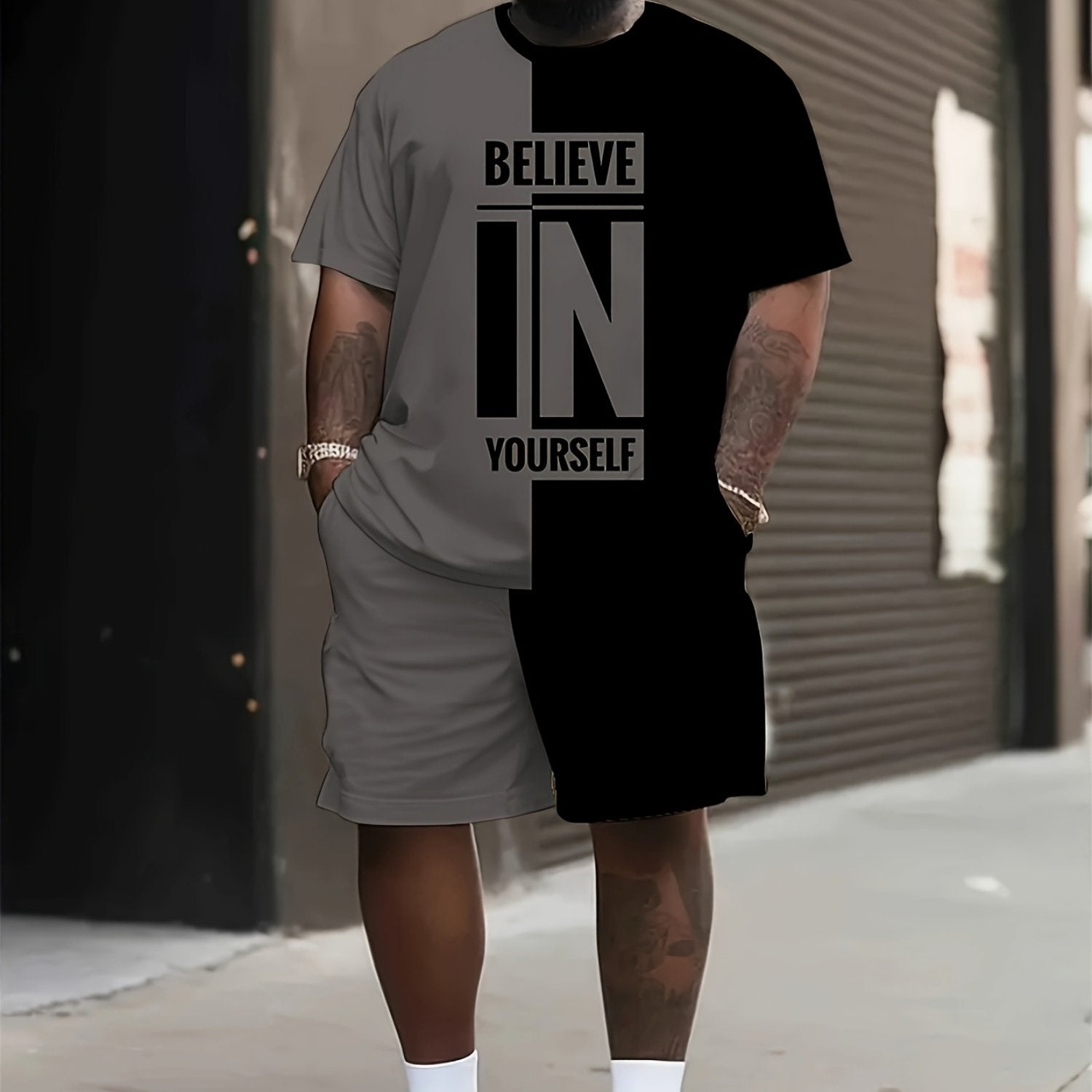 Plus Size Men's Summer Set with Printed T-Shirt and Shorts