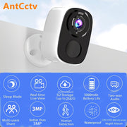 3MP Outdoor Wireless Security Camera with 5000mAh Battery Color Night Vision AI Motion Detection WiFi Two-Way Audio Waterproof