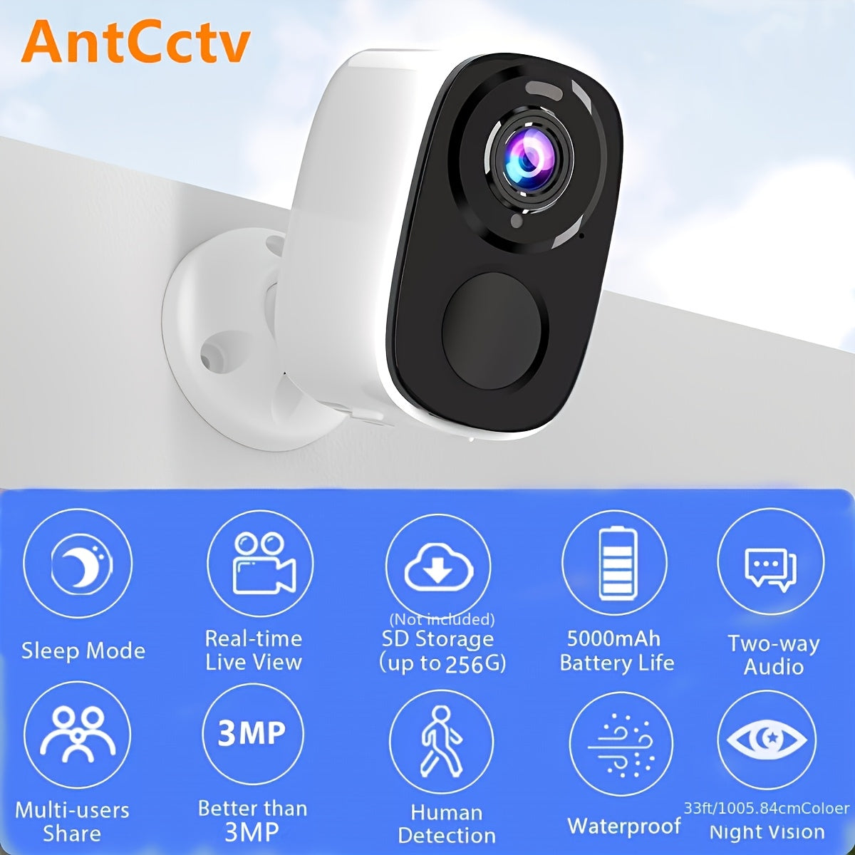 3MP Outdoor Wireless Security Camera with 5000mAh Battery Color Night Vision AI Motion Detection WiFi Two-Way Audio Waterproof