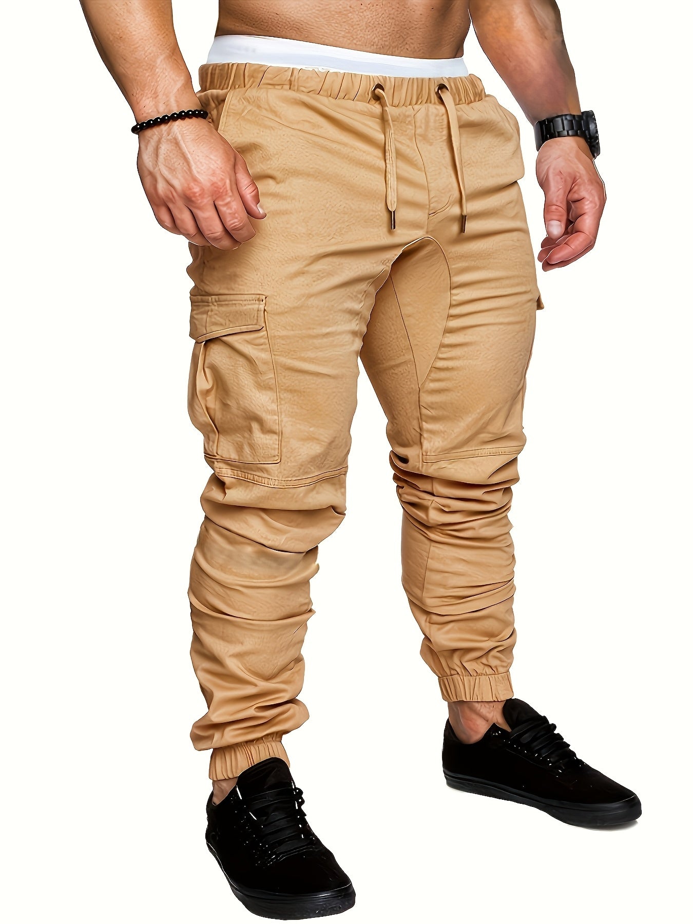 Men's Cargo Pants Set Cotton Solid Color Drawstring Waist Regular Fit All-Season
