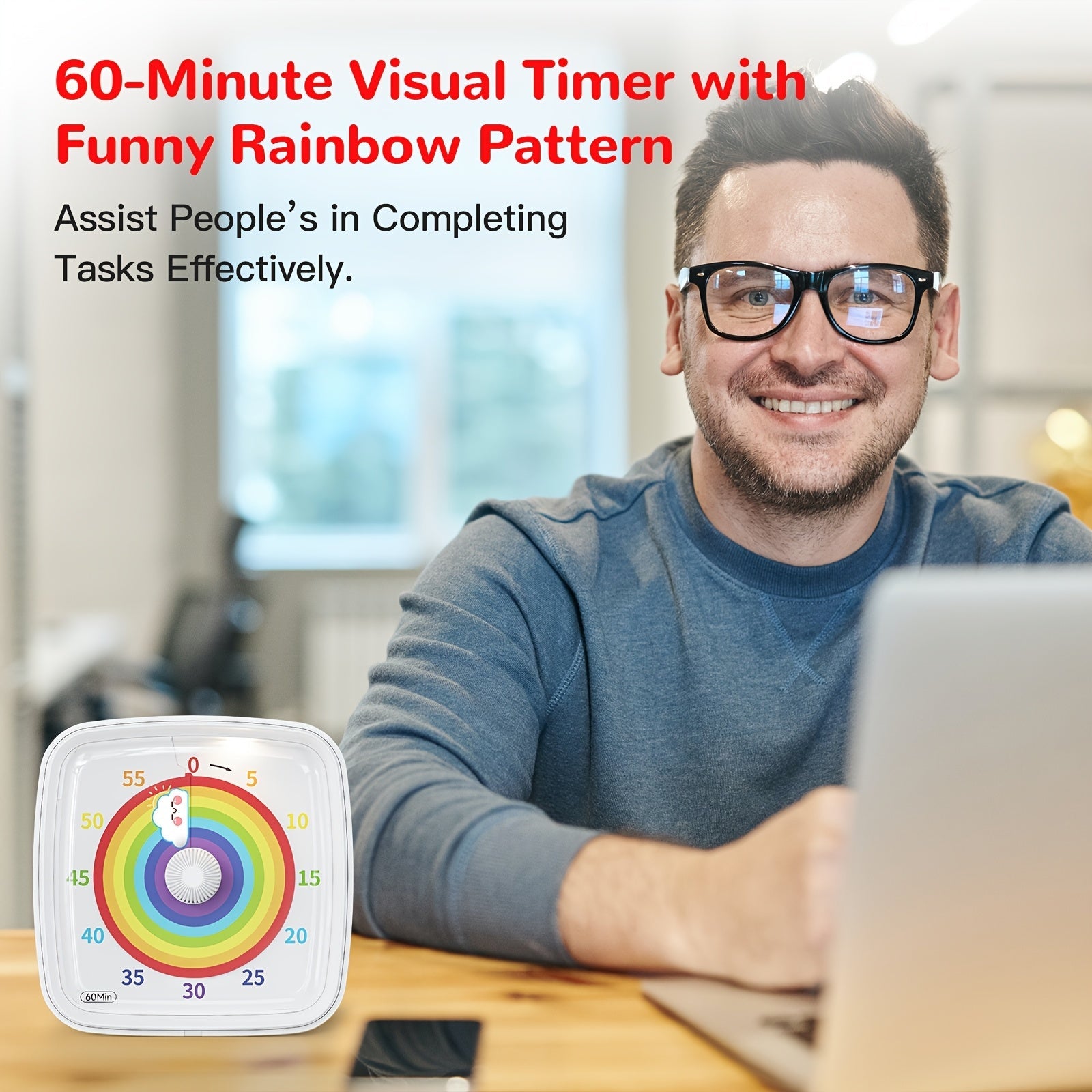 60-Minute Visual Countdown Timer with Night Light, Rainbow White Plastic