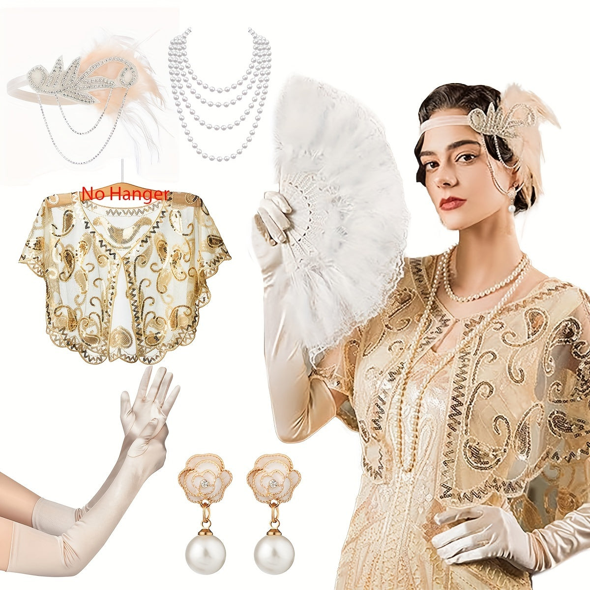 Women's 1920s Flapper Costume Accessory Set Headband Shawl Earrings Gloves for Roaring 20s Parties