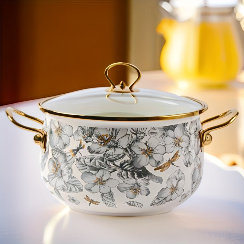 Enamel Soup Pot with Golden Trim, Dragonfly and Floral Design, 3 Quart
