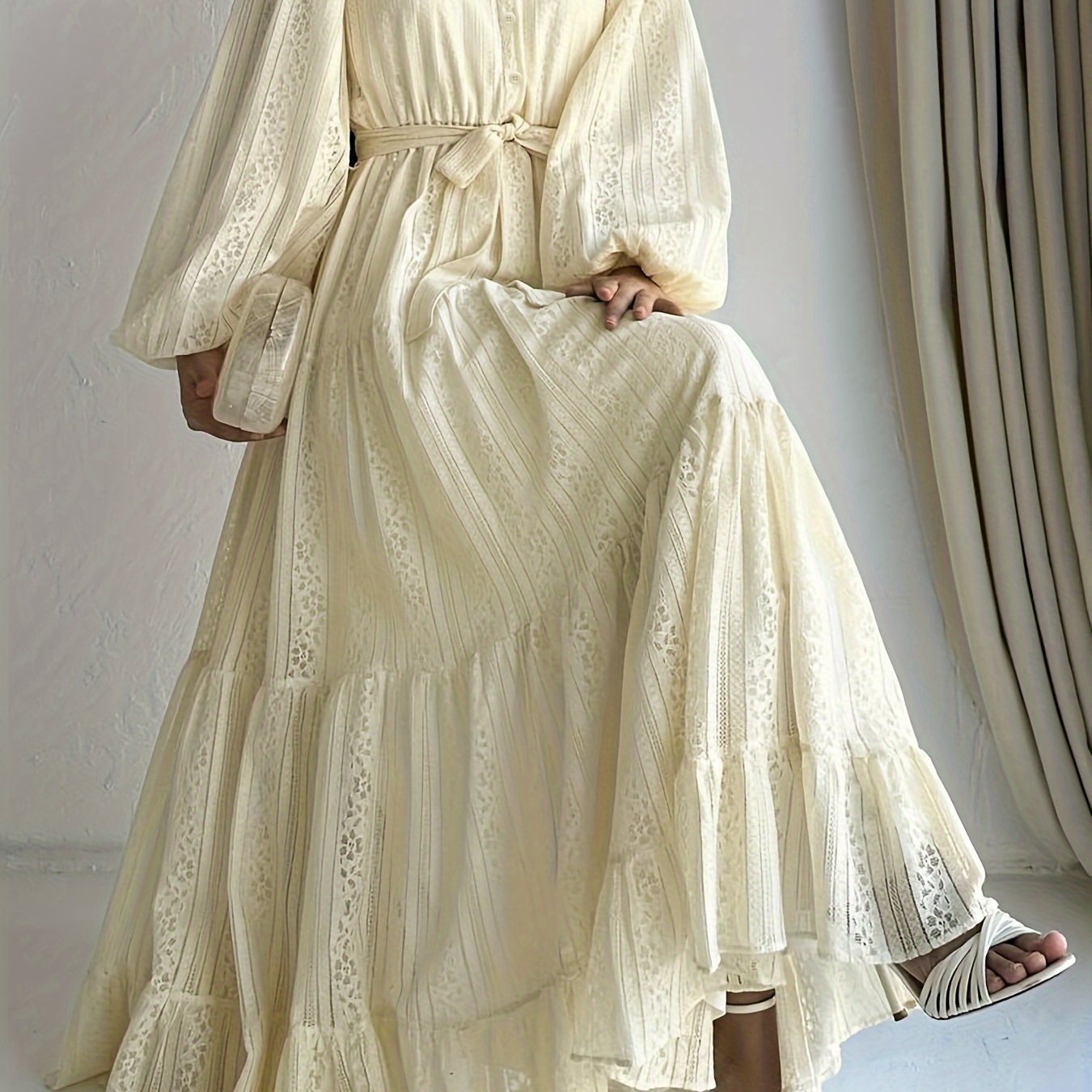 Women's Long Robe Dress with Lace Collar Solid Color Polyester Spandex All Seasons