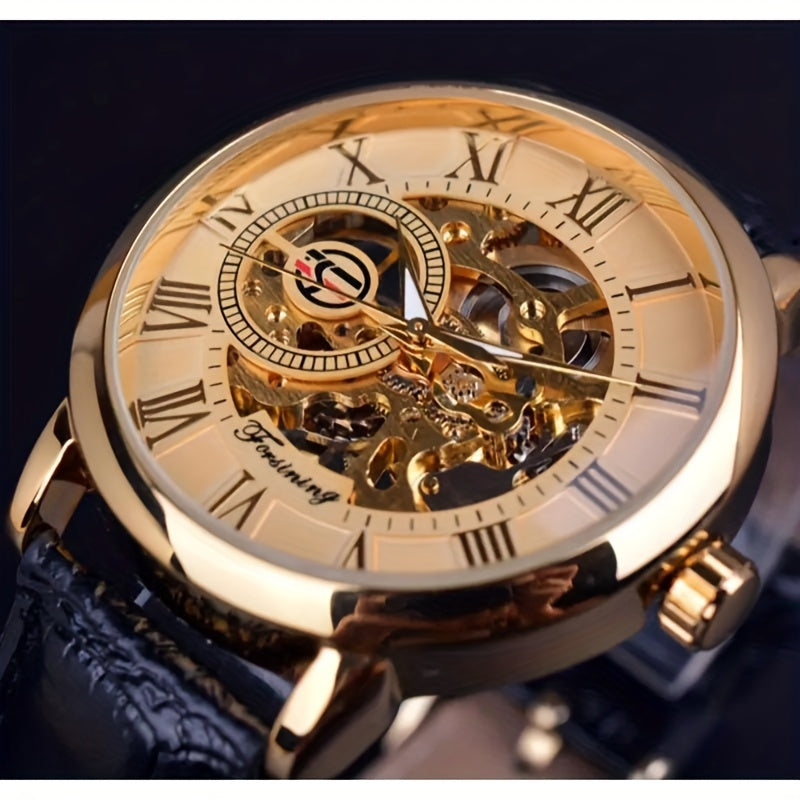Men's Mechanical Watch with Hollow Design and Leather Strap for Young Men
