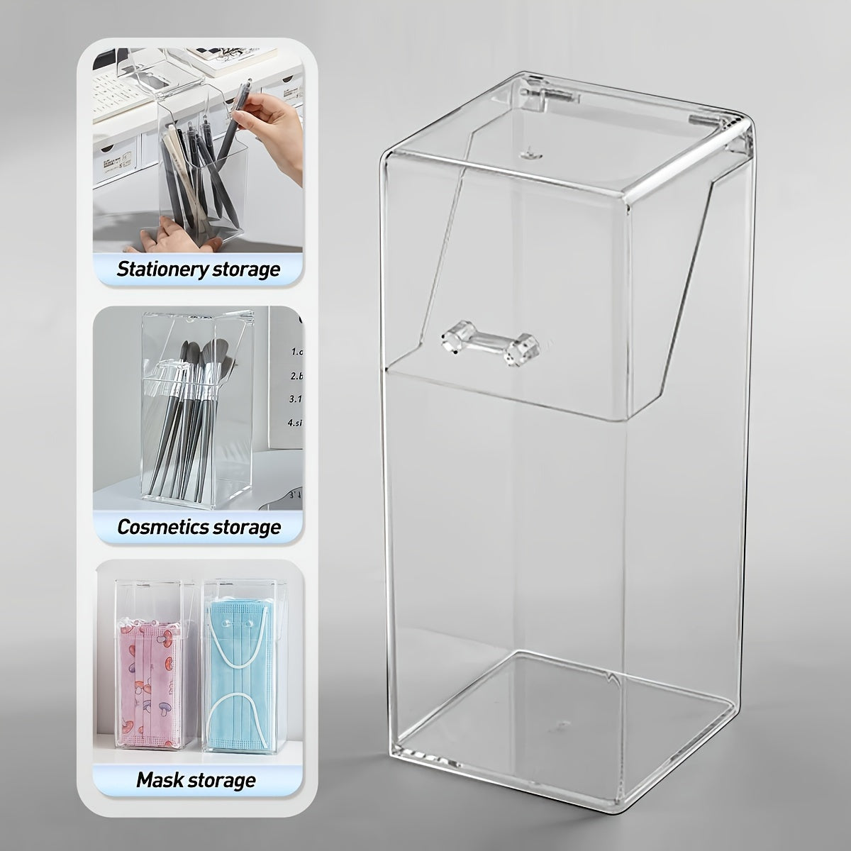 Clear Acrylic Desk Organizer with Lid for Makeup Brushes and Pens