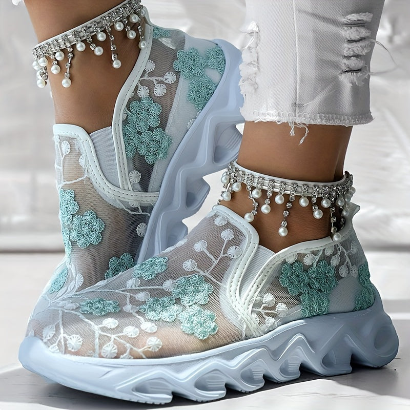 Women's Embroidered Fabric Slip-On Sneakers with Rubber Sole