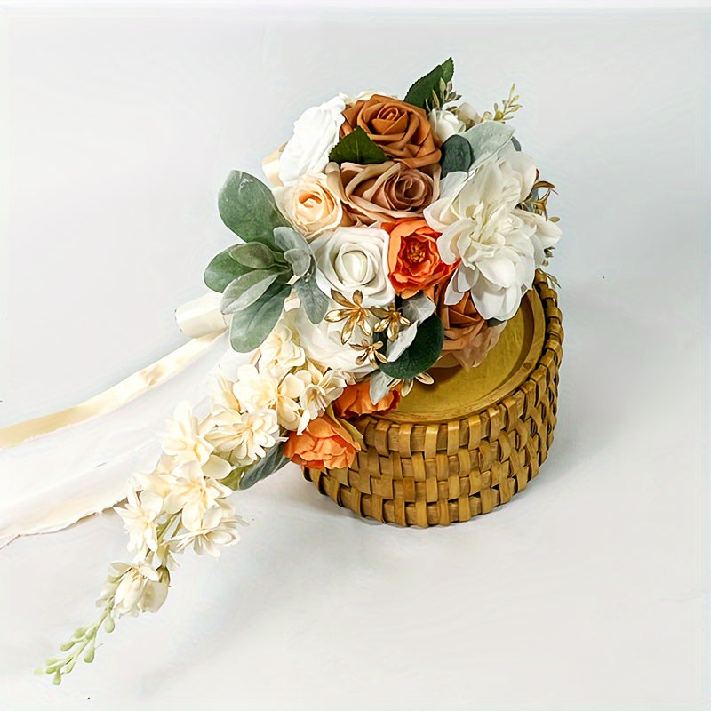 Artificial Flower Bridal Bouquet with Yarn Detail and Vintage Ribbon for Wedding