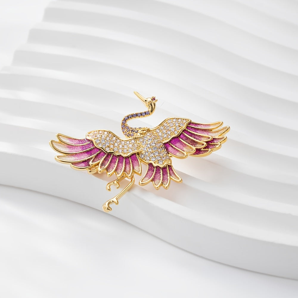 Enamel Crane Brooch Pin Animal Theme Jewelry for Cheongsam Suit Jackets Rhinestone Gold Tone