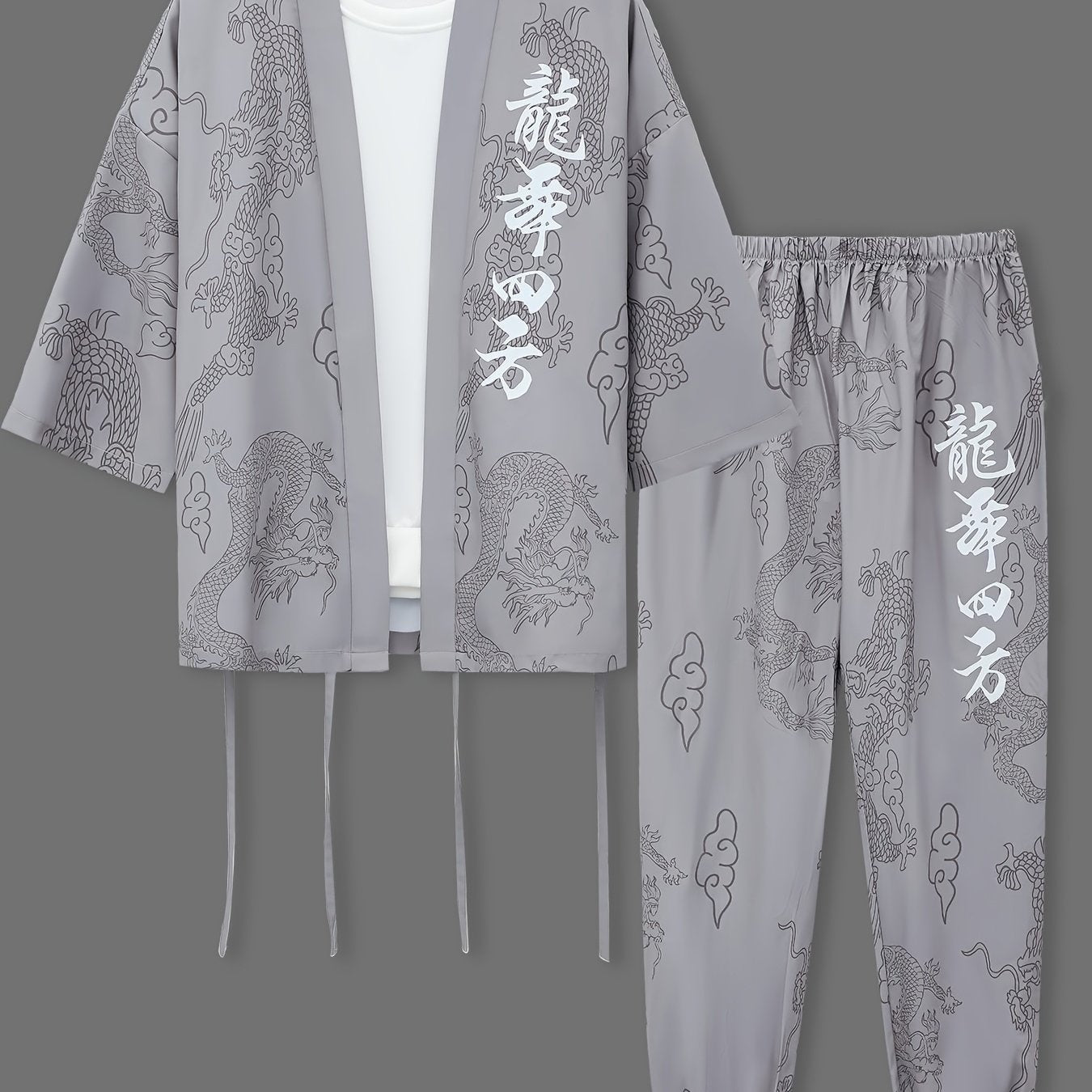 Men's Dragon Print Kimono Robe Set Casual Polyester Loungewear with Matching Pants for Spring Autumn