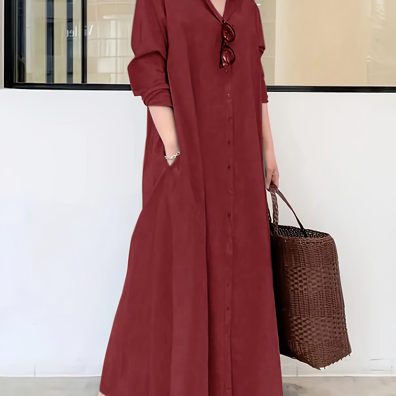 Women's Solid Color Button Front Shirt Dress with Long Sleeves Maxi Style for Spring and Fall