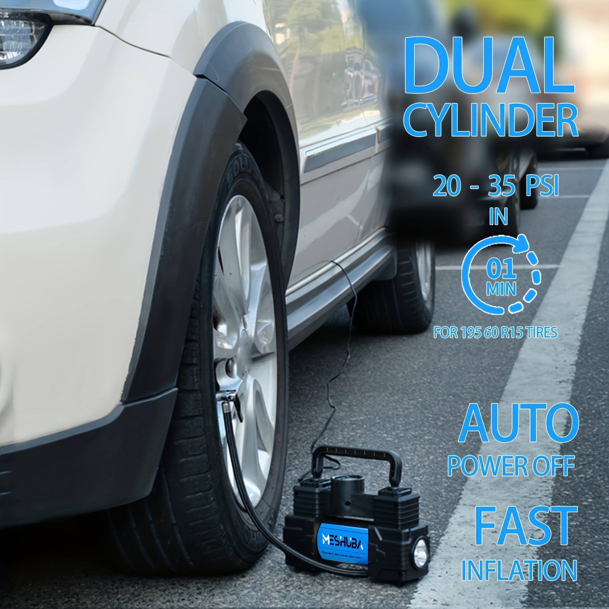 12V Portable Tire Inflator Blue with Digital Pressure Gauge and Car Plug