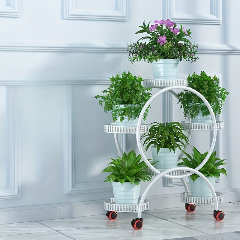 European-Style Metal Hanging Plant Stand with Wheels Multi-Level Indoor Outdoor Circular Design