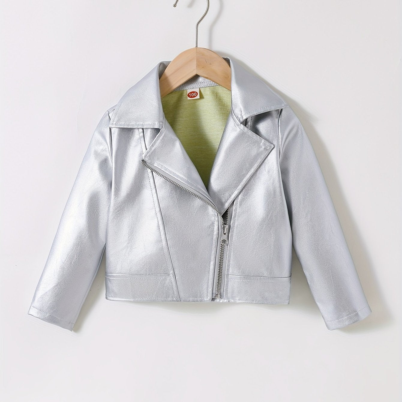 Faux Leather Jacket for Kids with Lapel and Diagonal Zipper Short Length Fall Winter