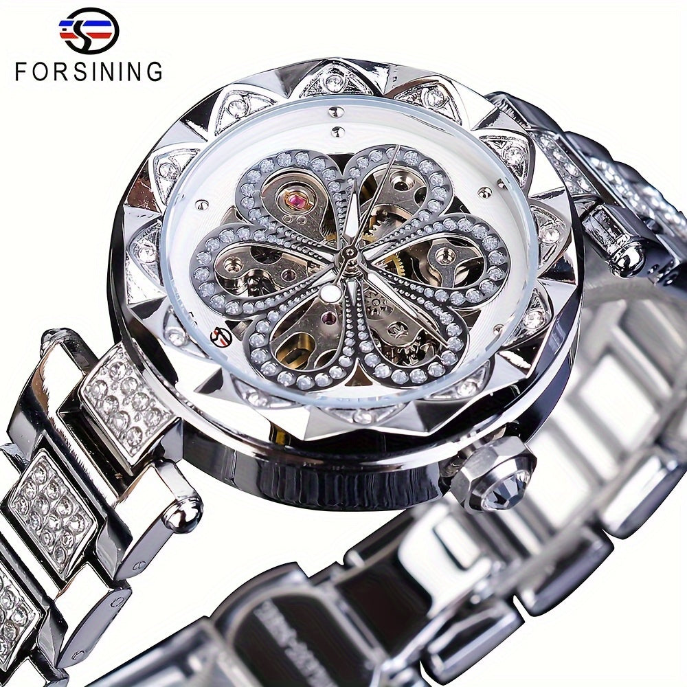 Women's Mechanical Watch Rhinestone Flower Skeleton Stainless Steel Wristband