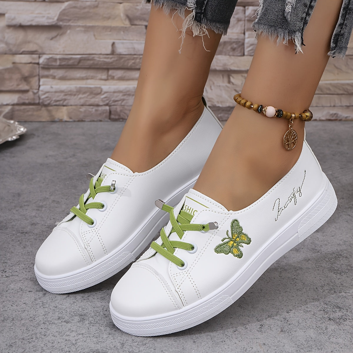 Women's Butterfly Embroidered Casual Sneakers White Lightweight Low Tops