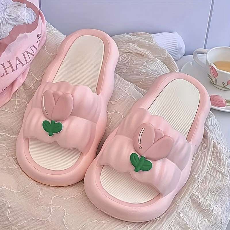 Women's Pink and White Tulip Flower Slides Non-Slip PVC Slippers All-Season Comfort