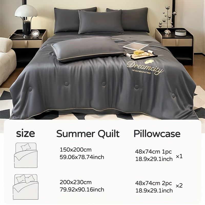 Summer Cooling Quilt Set with Embroidered Microfiber Pillowcases and Quilt