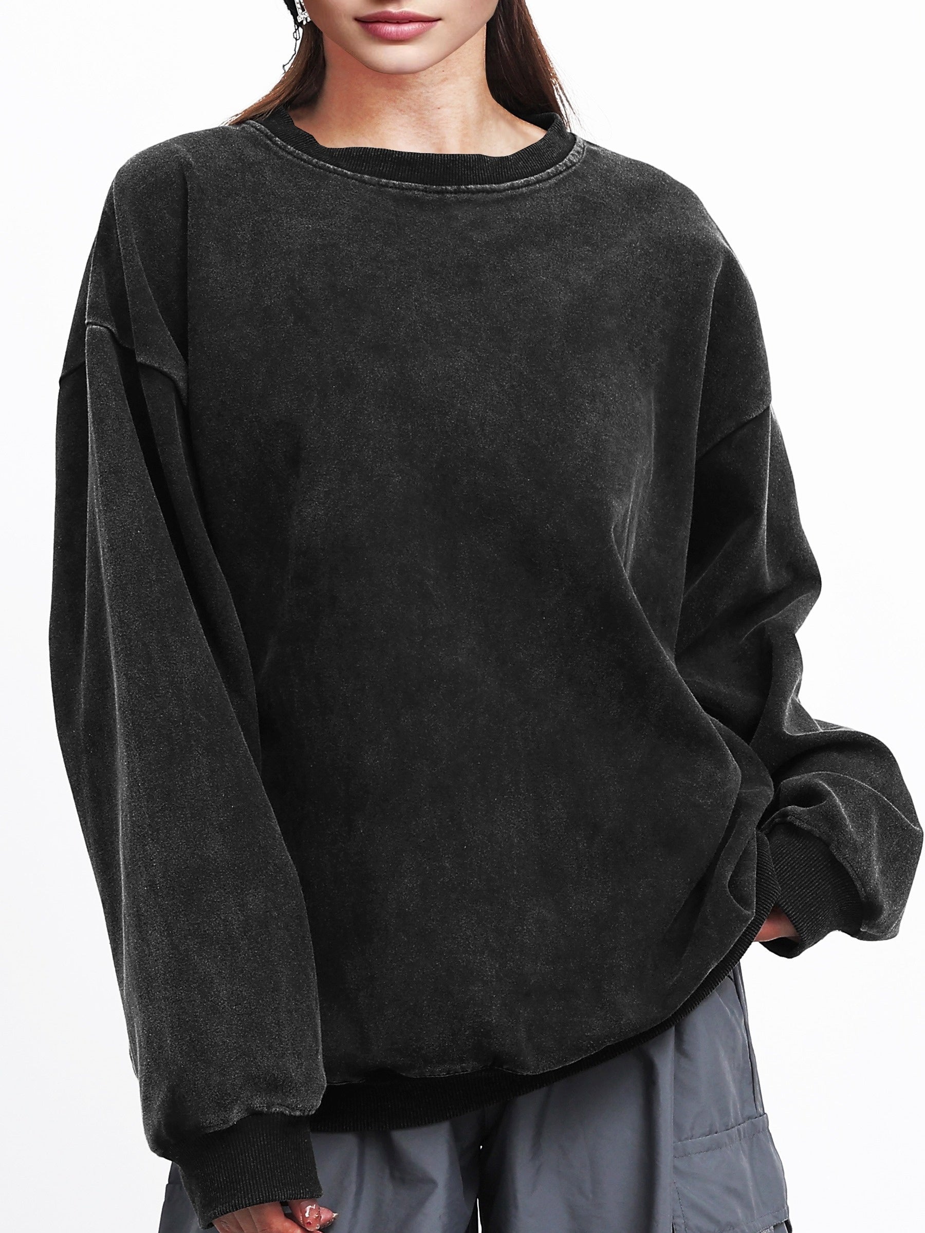 Sudadera de algodón de peso pesado para mujer, lavado vintage, de cuello redondo, pulóver