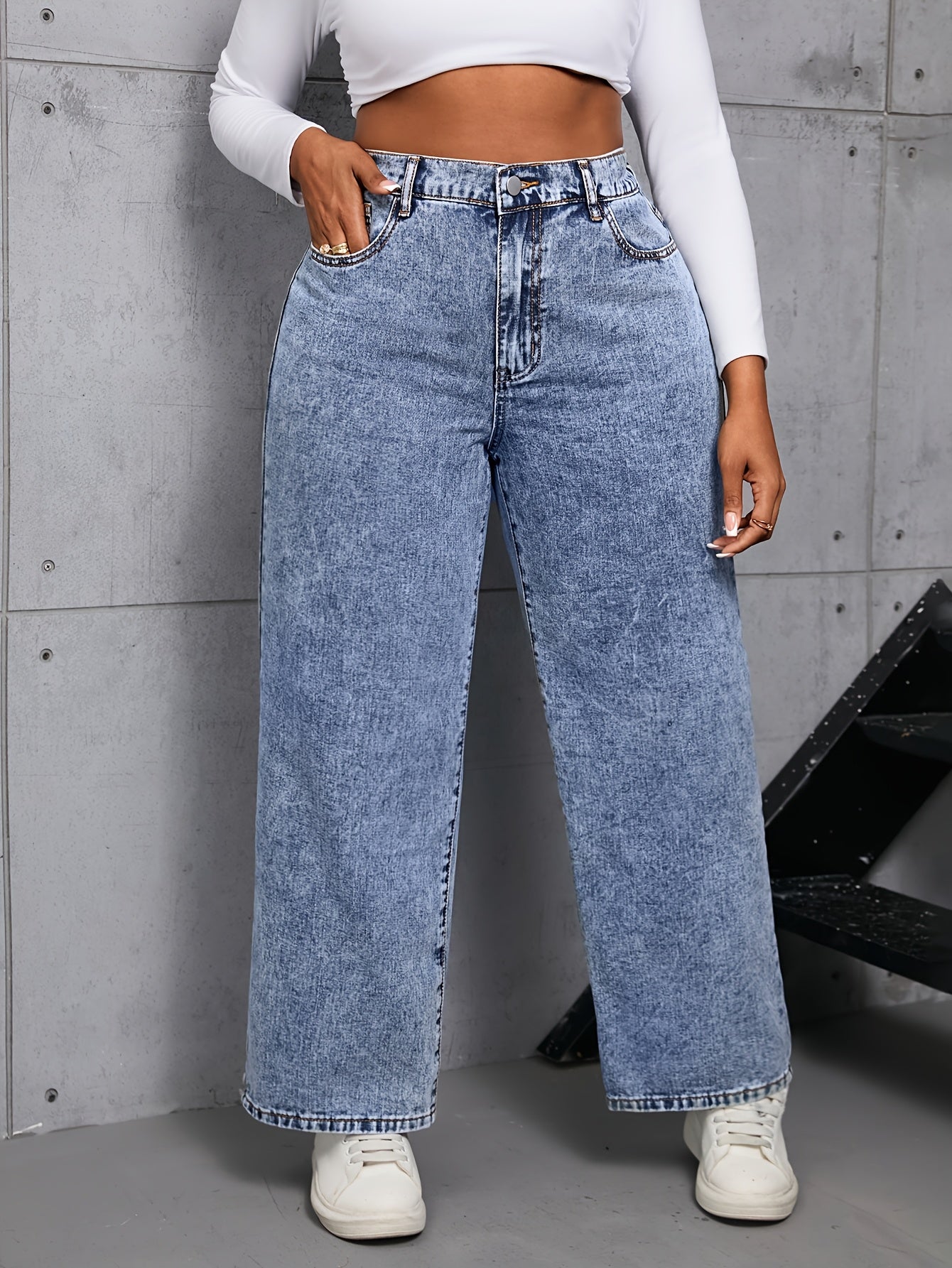 Plus Size High Waist Straight Leg Jeans Casual Washed Denim Solid Color Wide Leg Pants