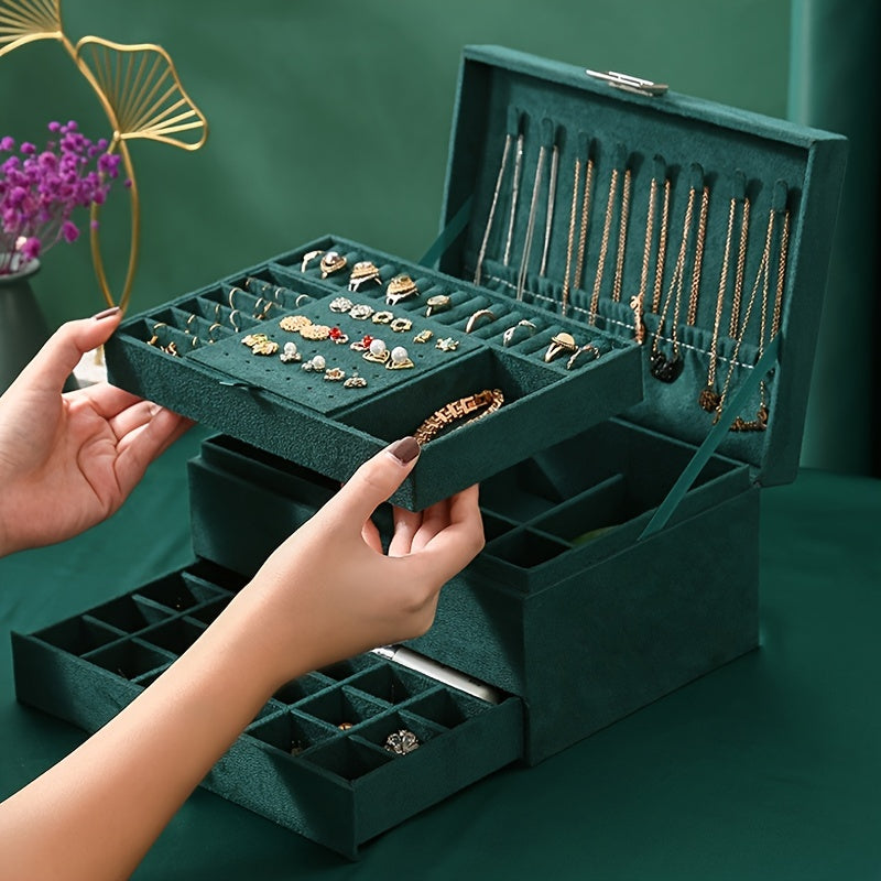 Antique Flannel Jewelry Storage Box with 3 Layers Lockable Organizer for Earrings Rings Watches