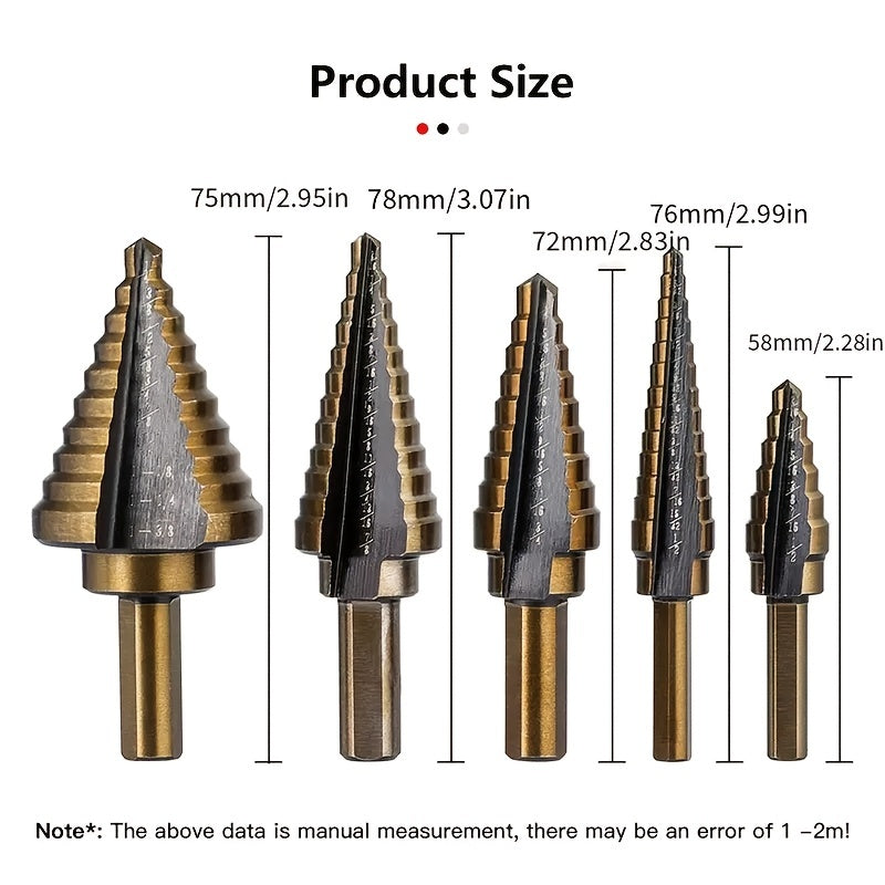 5-Piece Black Fillister Head Step Drill Bit Set for Metal and Wood with Aluminum Case