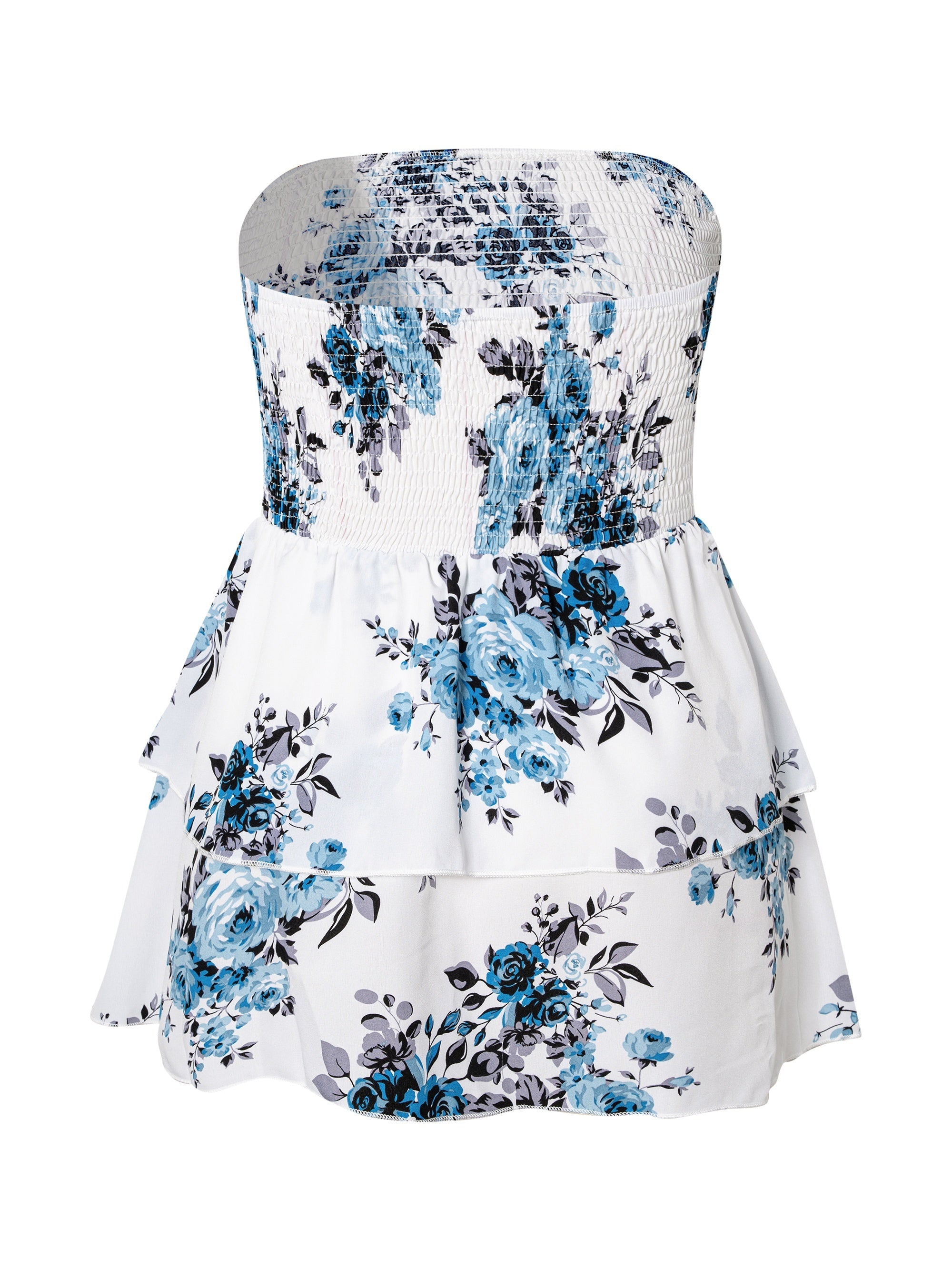Plus Size Floral Print Shirred Layered Strapless Top for Summer and Spring