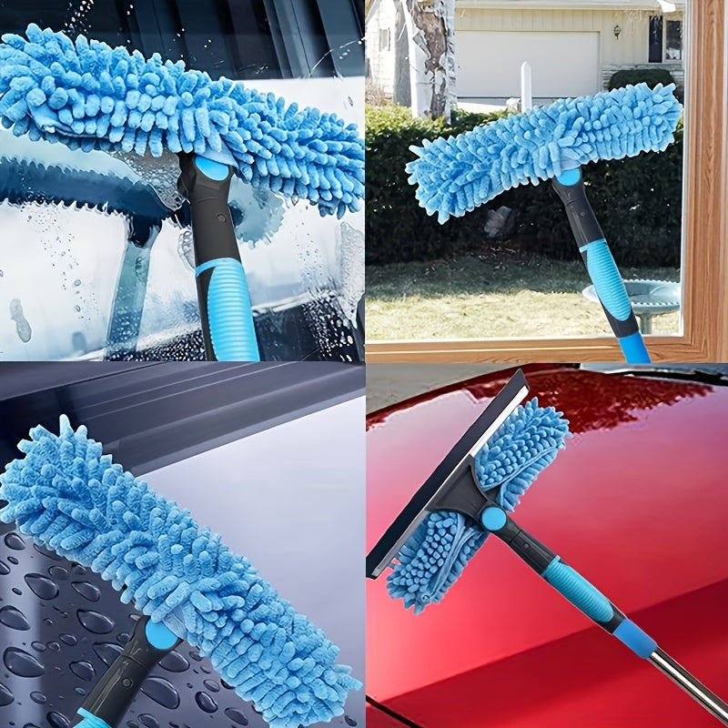 2in1 Window Cleaning Brush and Scraper Set with Telescopic Pole and Hard Bristle Brush