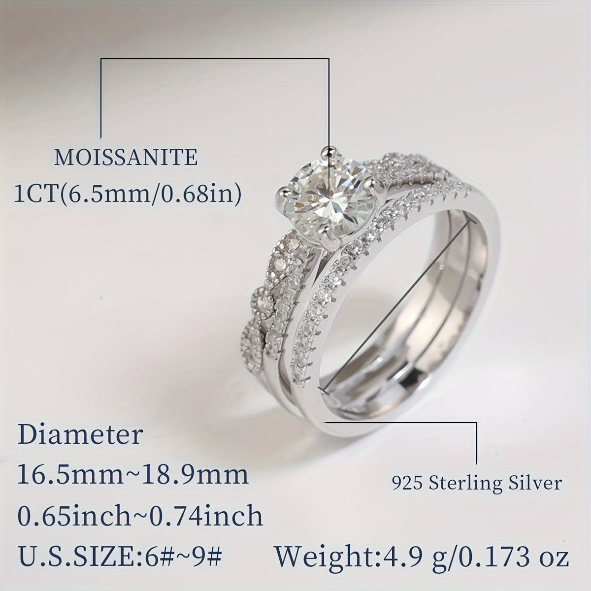 Sterling Silver Stacking Rings with Moissanite 1ct 2ct or 3ct for Engagement or Wedding