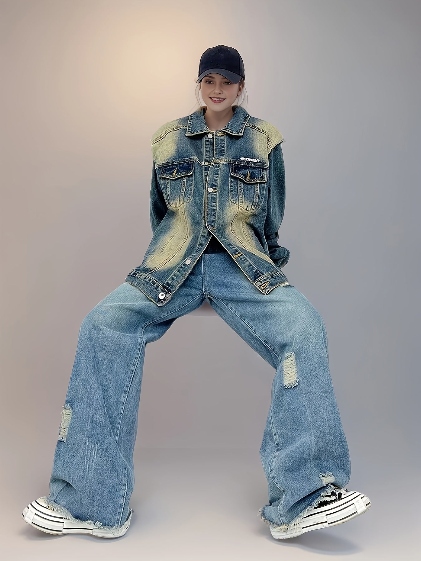 Women's Denim Jacket with Shoulder Pads Loose Fit Washed Blue Casual Outerwear