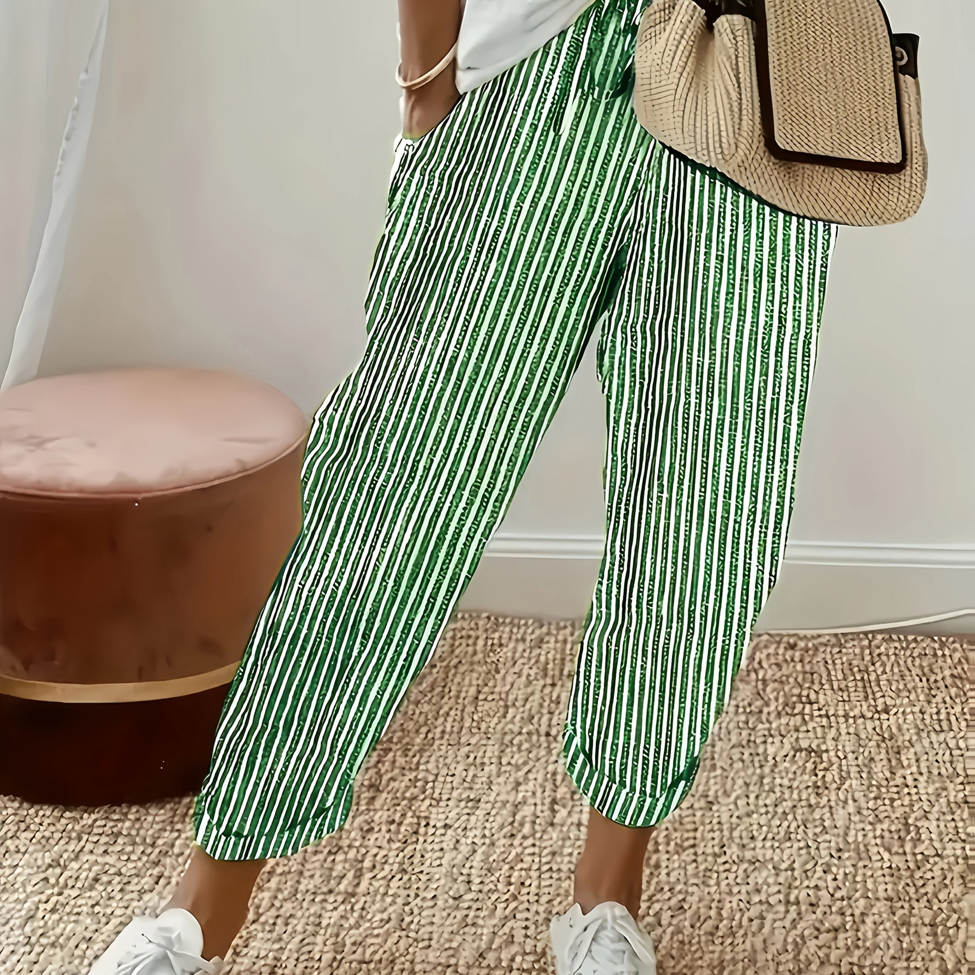 Pantalones casual de mujer de talla grande, ligeros, a rayas en negro y blanco