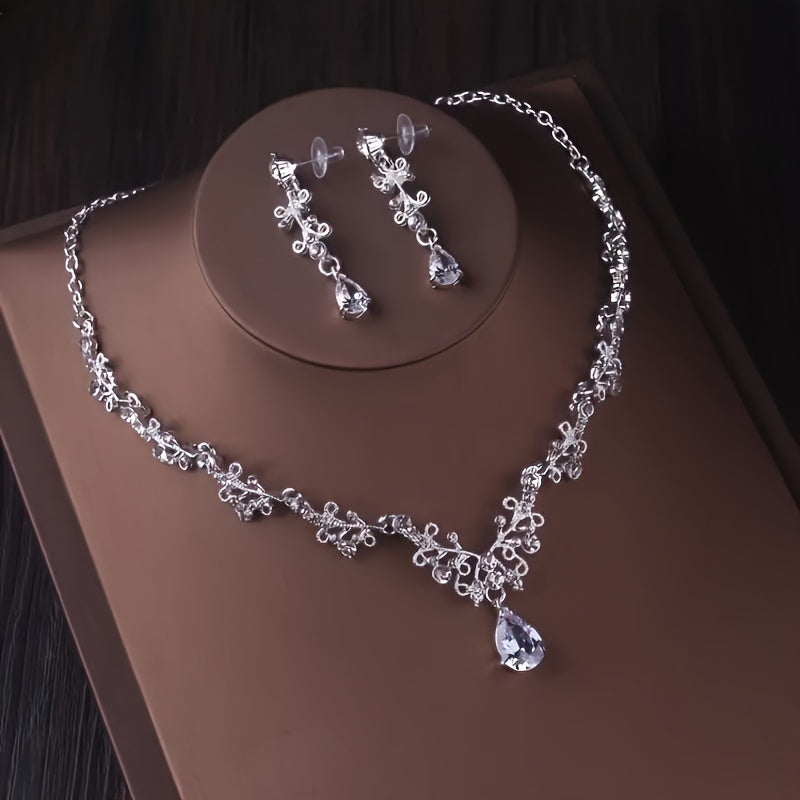 Bridal Jewelry Set Rhinestone Crown Necklace Earrings Wedding Accessories Alloy for Women
