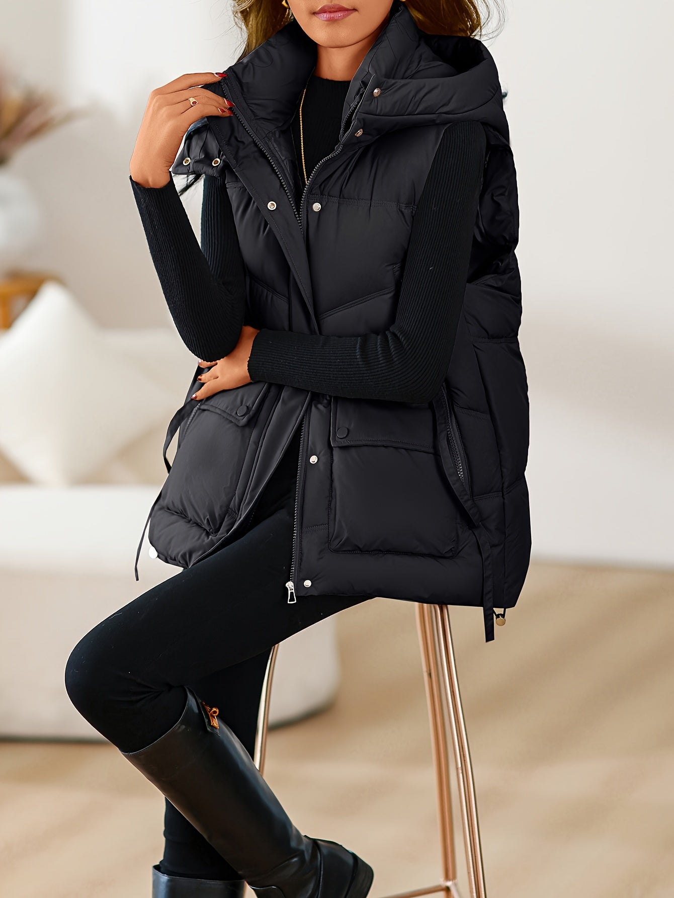 Women's Black Polyester Hooded Vest with Zip Front Pockets and Drawstring Waist