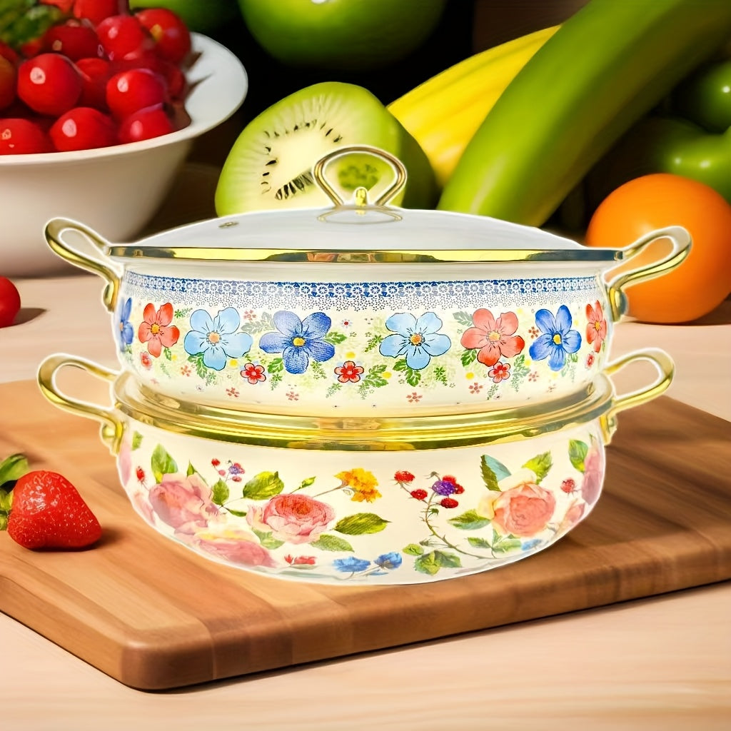 Katta sig'imli retro emal qozon, nafis gullar dizayni va oltin qirralar bilan bezatilgan. Har qanday plita uchun mos va ko'p oilalar uchun ovqat tayyorlashda ideal.