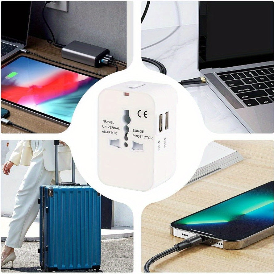 Adaptador de viaje con puertos USB duales para teléfonos y portátiles, compacto, 3 opciones de color, compatible con EE. UU., UE, Reino Unido y AU