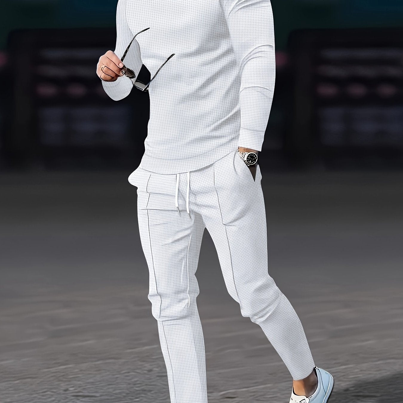 Men's Waffle Pattern Casual Outfits Set Long Sleeve Sweatshirt and Joggers Spring Fall