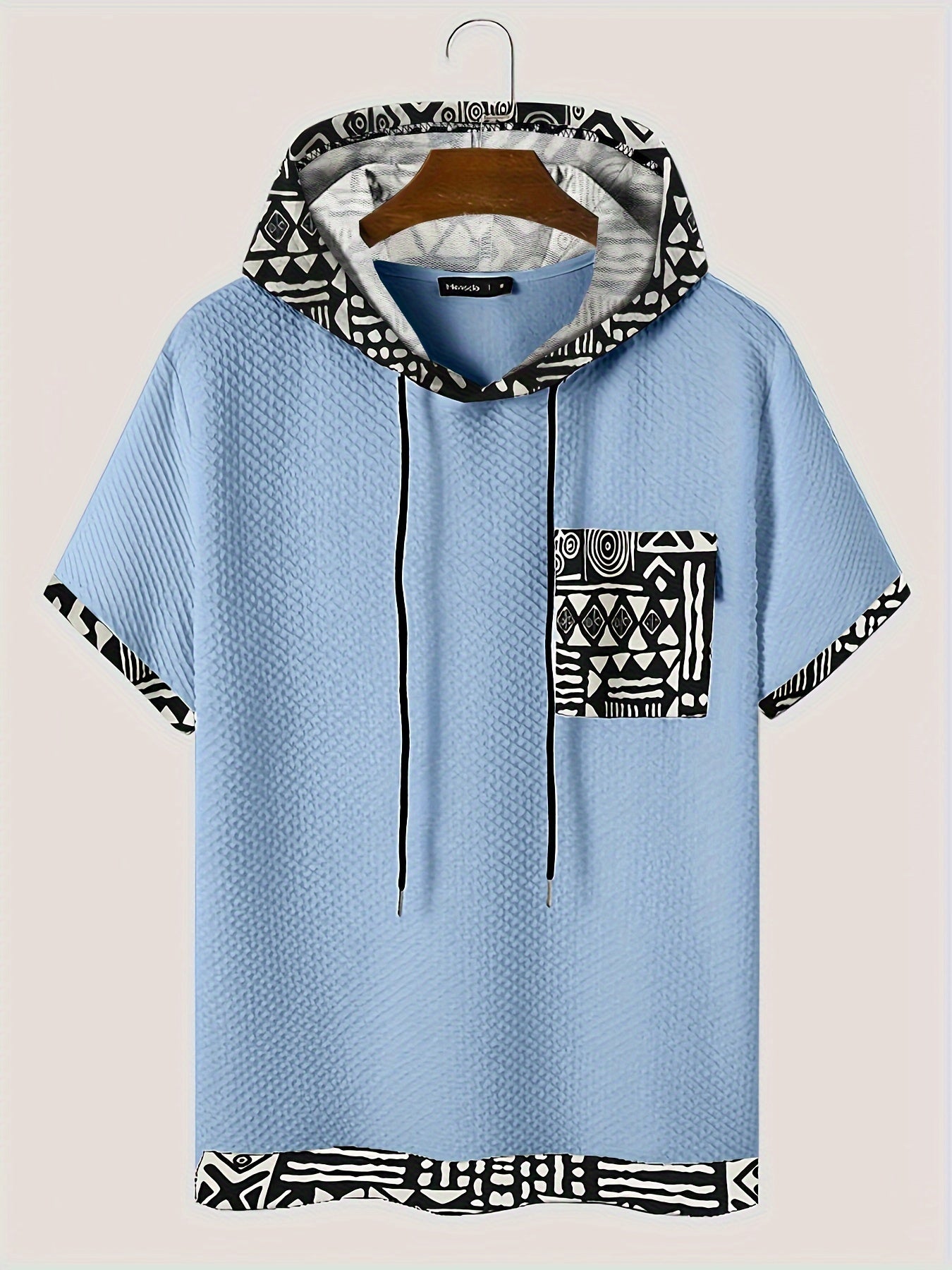 Men's Plus Size Casual Hooded T-Shirt with Geometric Print Lightweight Polyester Gray