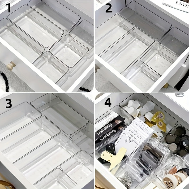 7-Piece Clear Plastic Makeup Organizer Set with Stackable Drawers for Countertop Storage