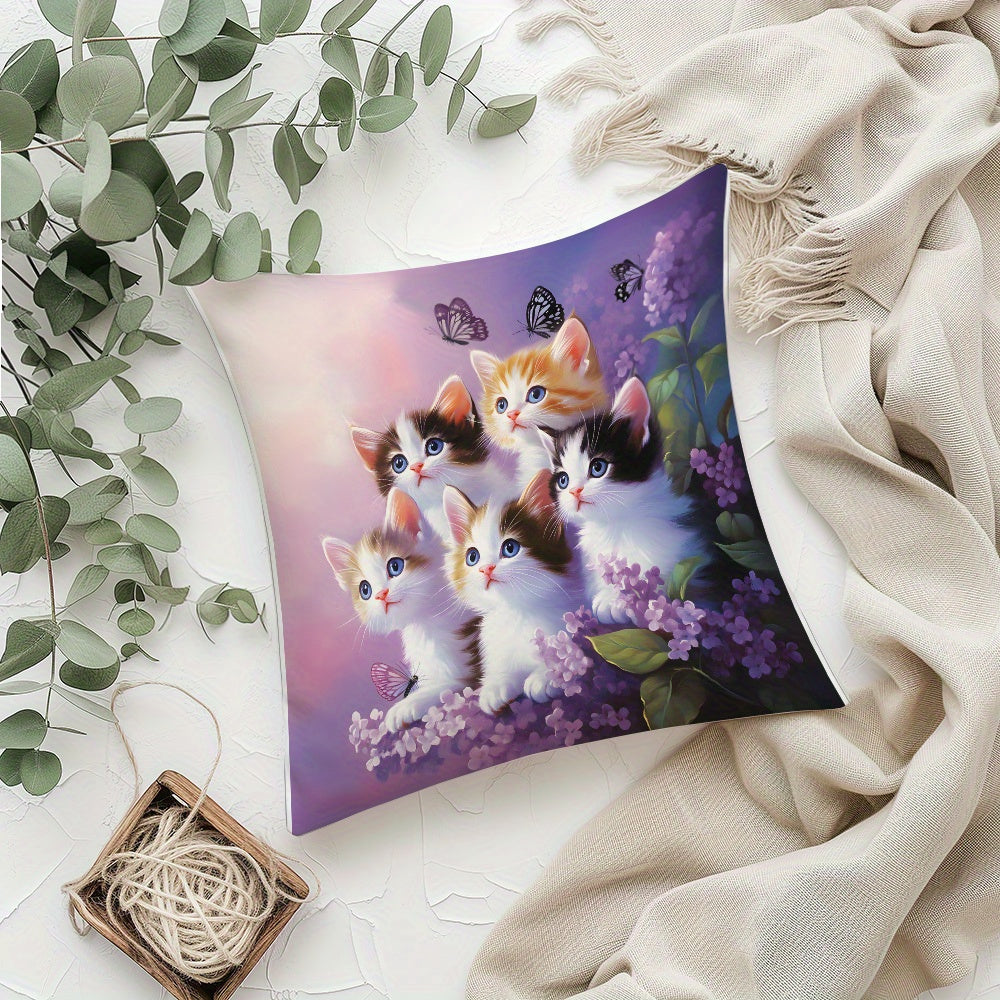 Kitten and Lavender Throw Pillow Cover Soft Polyester Knit Sofa Bed Decor