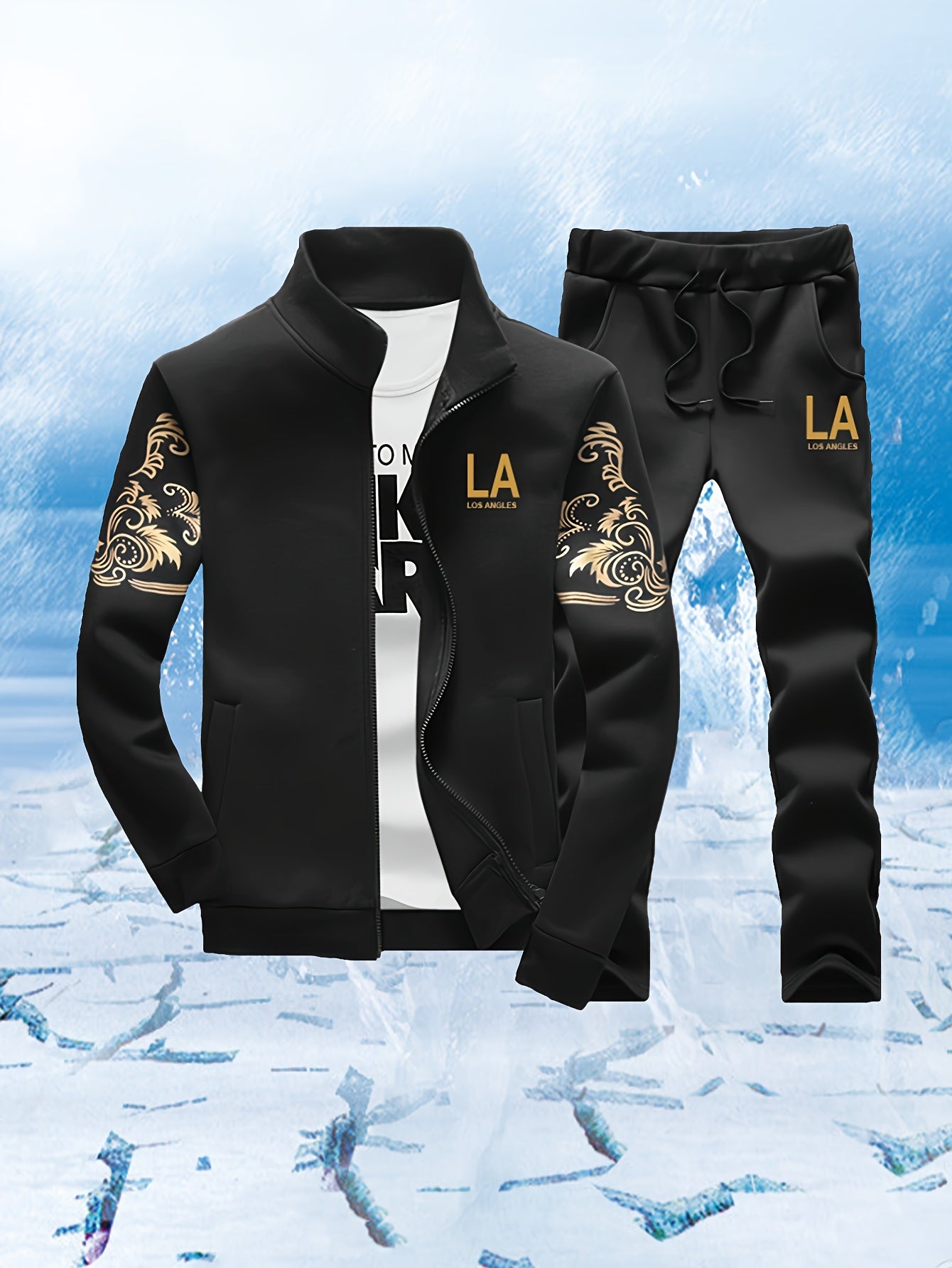 Men's Fleece-Lined Striped Sportswear Set with Zip-Up Jacket and Drawstring Pants