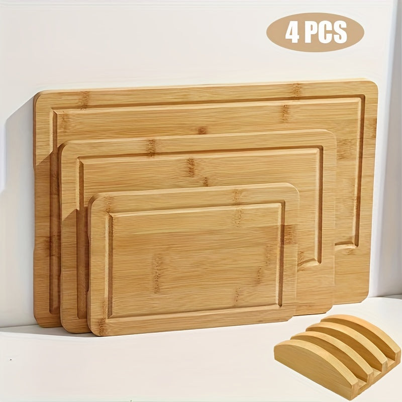Juego de 4 tablas de cortar de bambú con soporte para frutas, verduras y carnes
