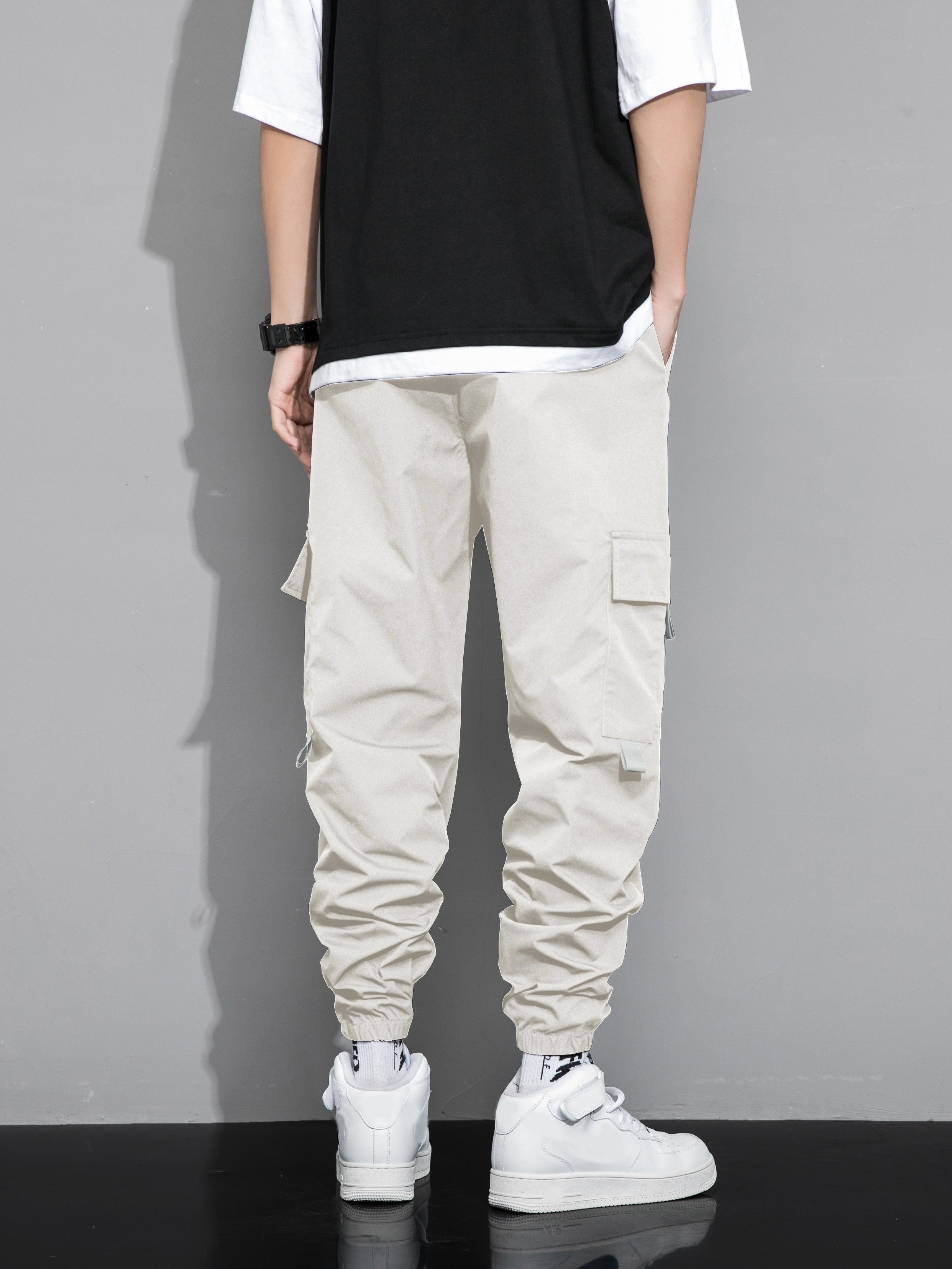 Men's Cargo Pants with Multiple Pockets Polyester Loose Fit Drawstring Waist Casual Outdoor Streetwear