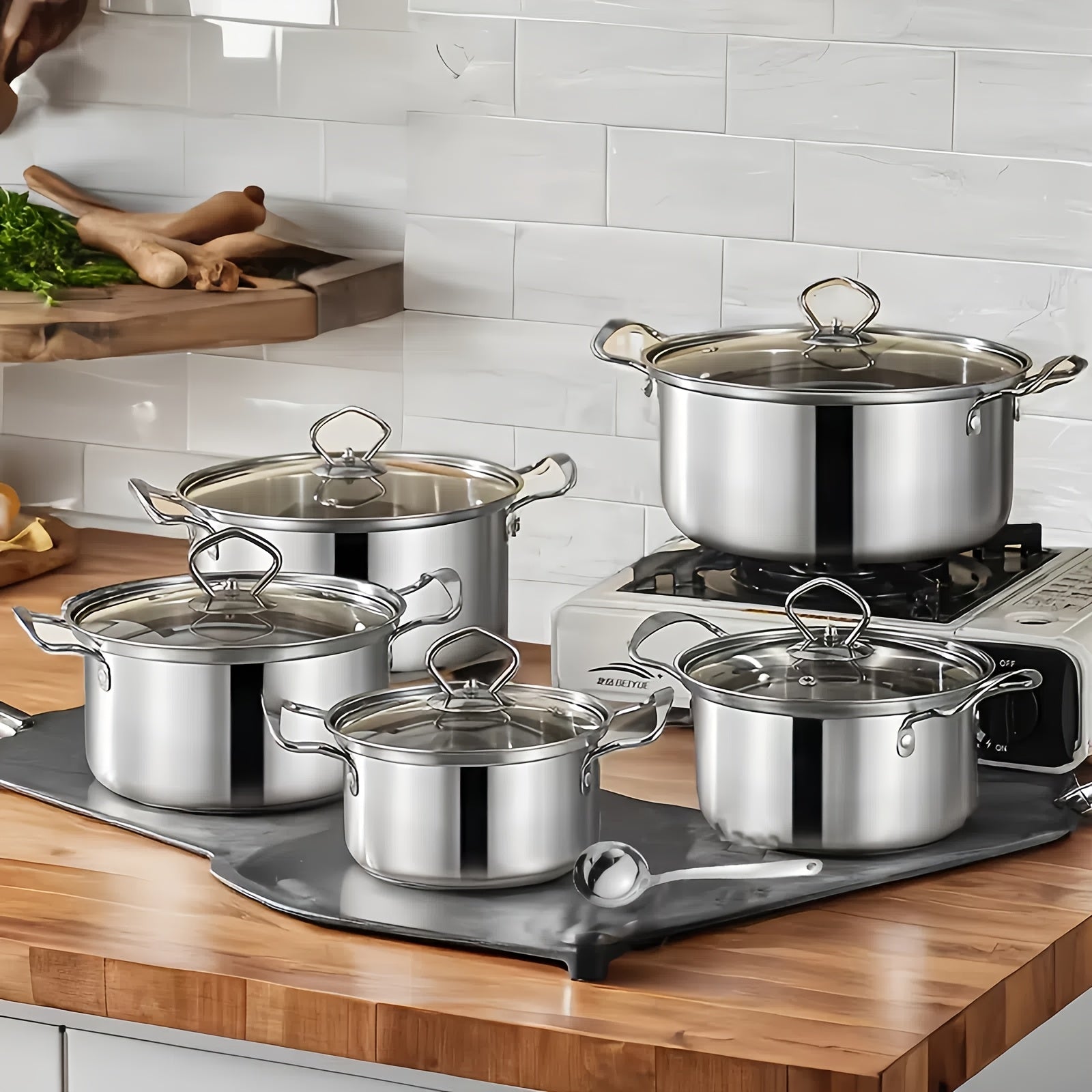 Stainless Steel Cookware Set 11 Pieces with Heat-Resistant Handles and Glass Lids