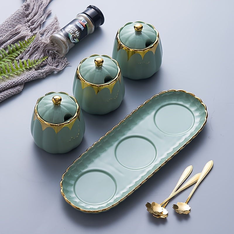 Set of 3 Ceramic Spice Containers with Tray Salt and Pepper Shakers Kitchen Storage